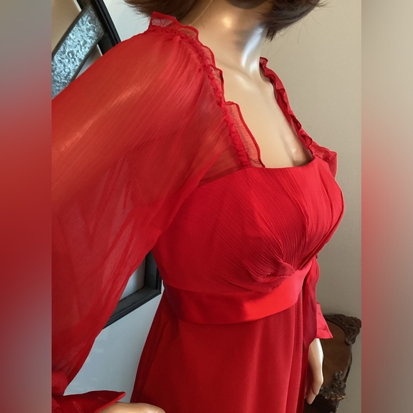 BARRIE PACE Silk Red Dress ON or OFF The Shoulder with Long Full Sleeves - Picture 7 of 10